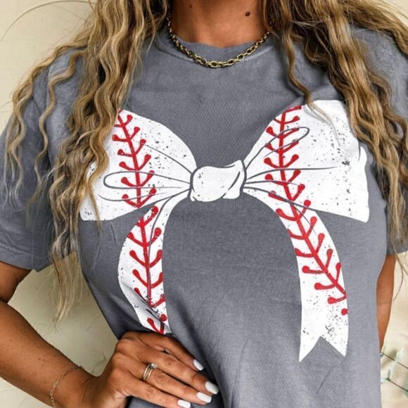 Baseball Bow Rolled Sleeve T-Shirt - Picture 1 of 2